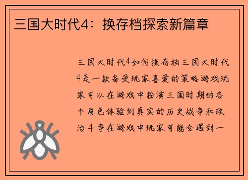 三国大时代4：换存档探索新篇章